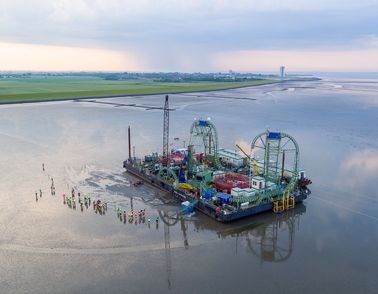 NordLink project cable laying barge drone shot from above